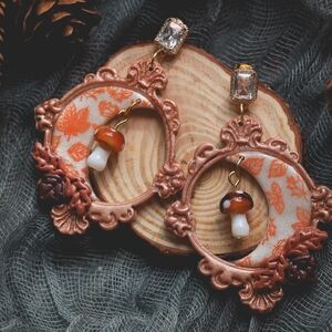Fairy Fairycore Framed Moon Nature Autumn Leaf Mushroom Earrings